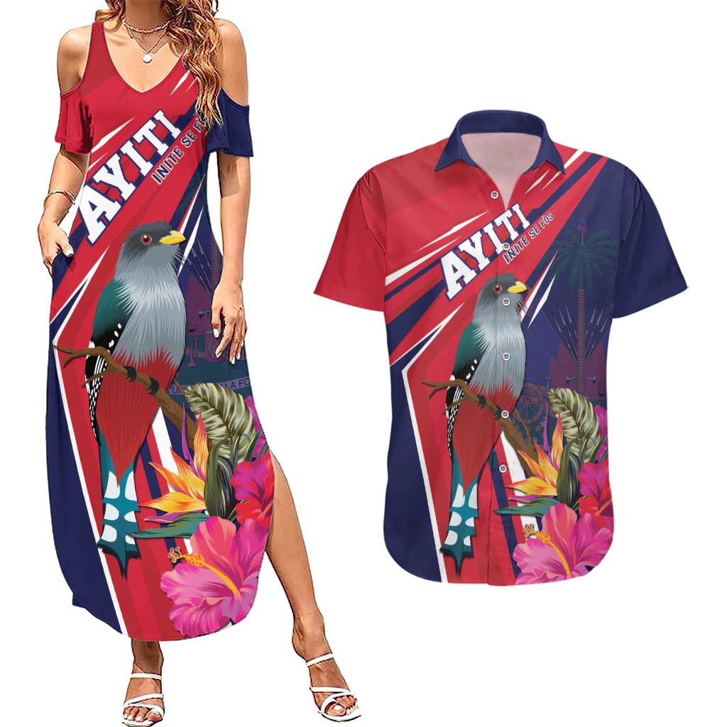 Haiti Personalized Couples Matching Summer Maxi Dress and Hawaiian Shirt Hispaniolan Trogon Tropical Vibes