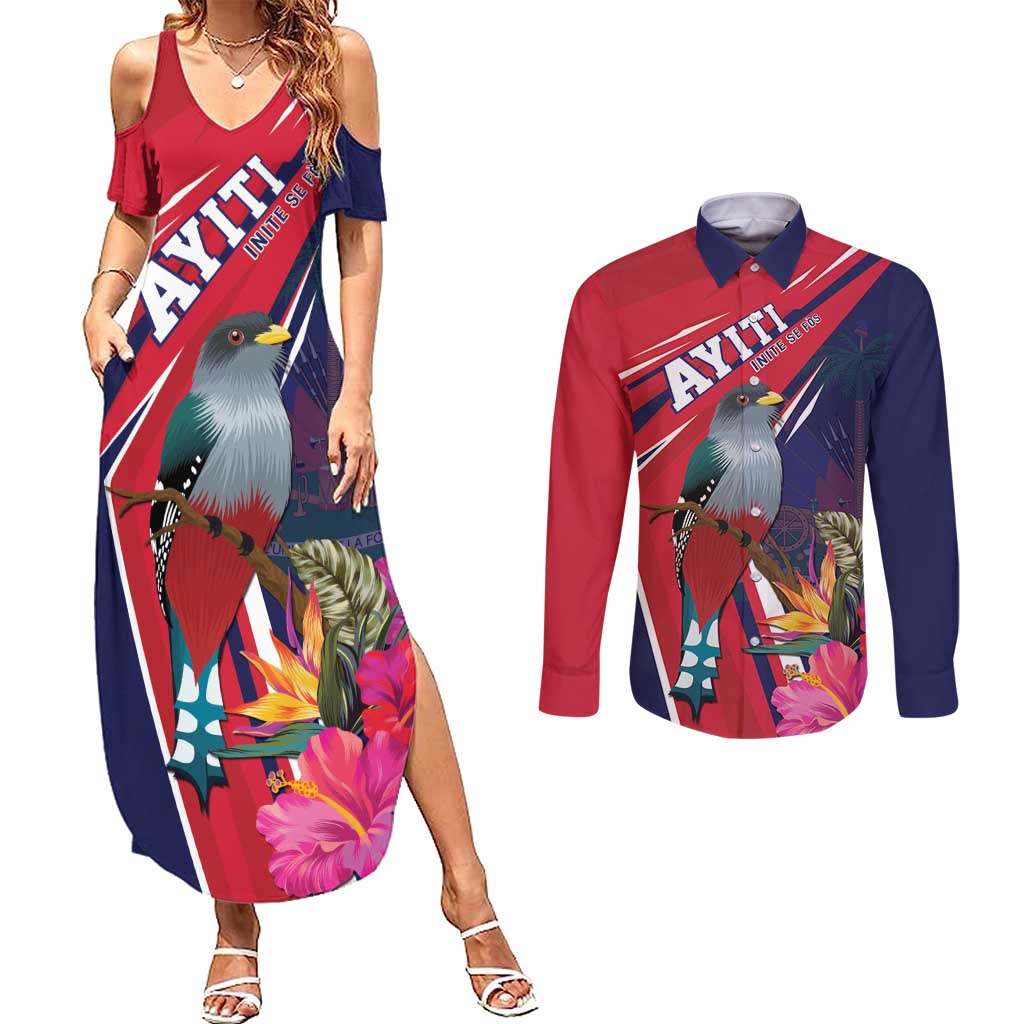 Haiti Personalized Couples Matching Summer Maxi Dress and Long Sleeve Button Shirt Hispaniolan Trogon Tropical Vibes