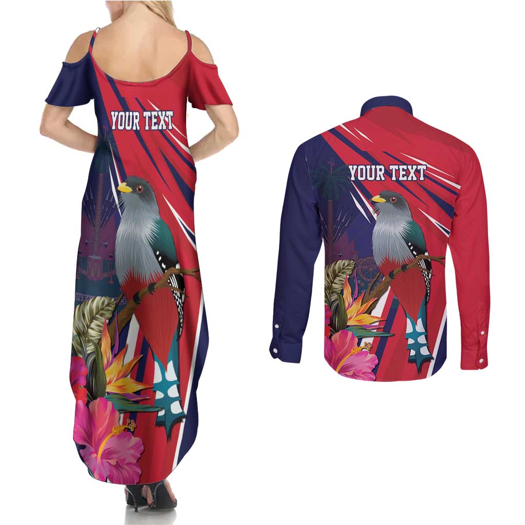 Haiti Personalized Couples Matching Summer Maxi Dress and Long Sleeve Button Shirt Hispaniolan Trogon Tropical Vibes