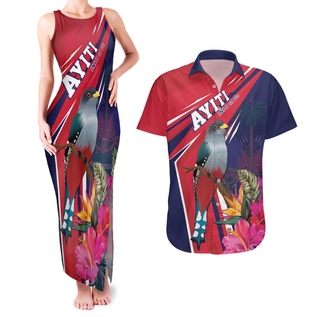 Haiti Personalized Couples Matching Tank Maxi Dress and Hawaiian Shirt Hispaniolan Trogon Tropical Vibes