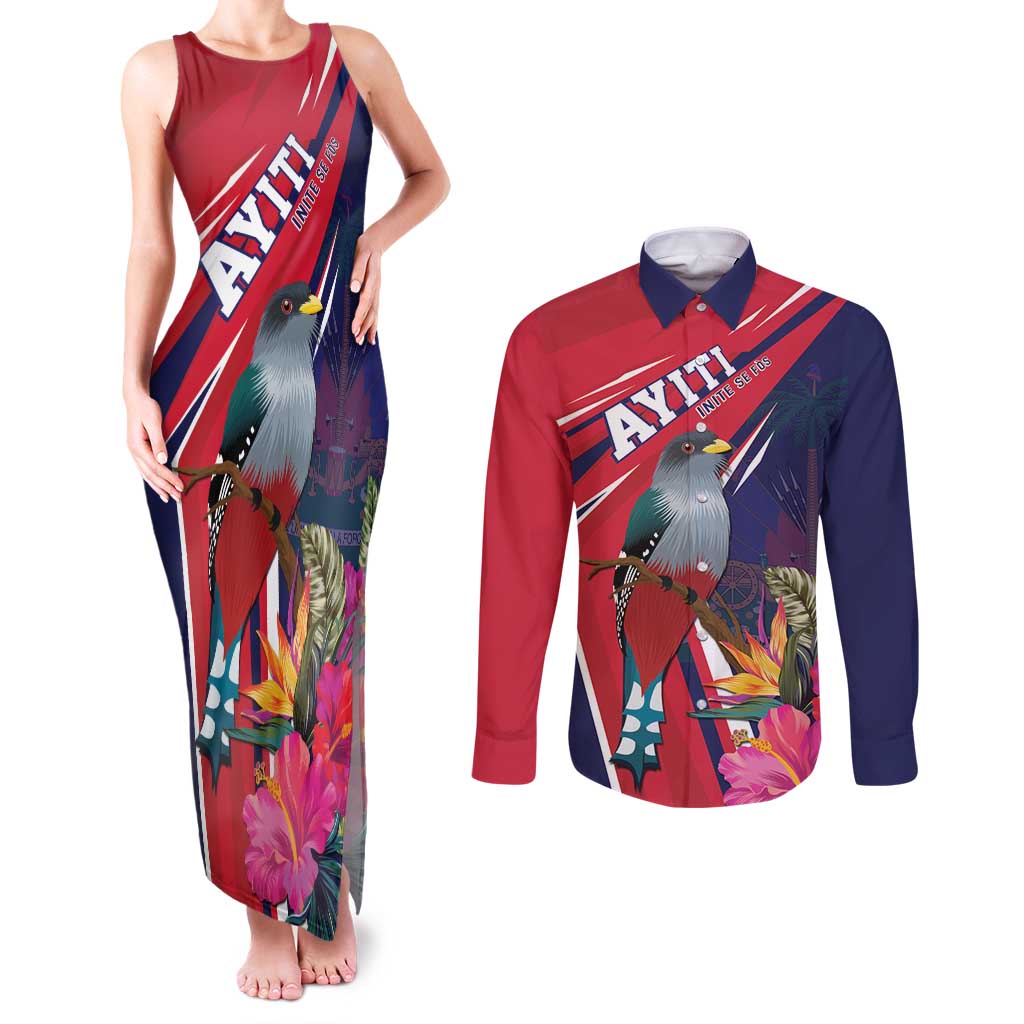 Haiti Personalized Couples Matching Tank Maxi Dress and Long Sleeve Button Shirt Hispaniolan Trogon Tropical Vibes