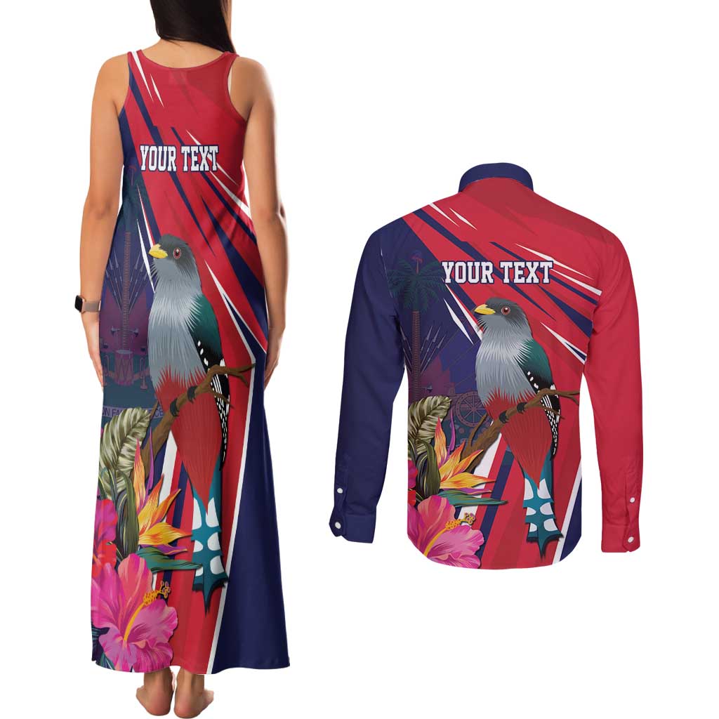Haiti Personalized Couples Matching Tank Maxi Dress and Long Sleeve Button Shirt Hispaniolan Trogon Tropical Vibes
