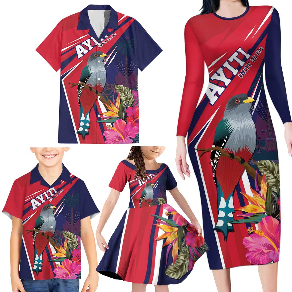 Haiti Personalized Family Matching Long Sleeve Bodycon Dress and Hawaiian Shirt Hispaniolan Trogon Tropical Vibes