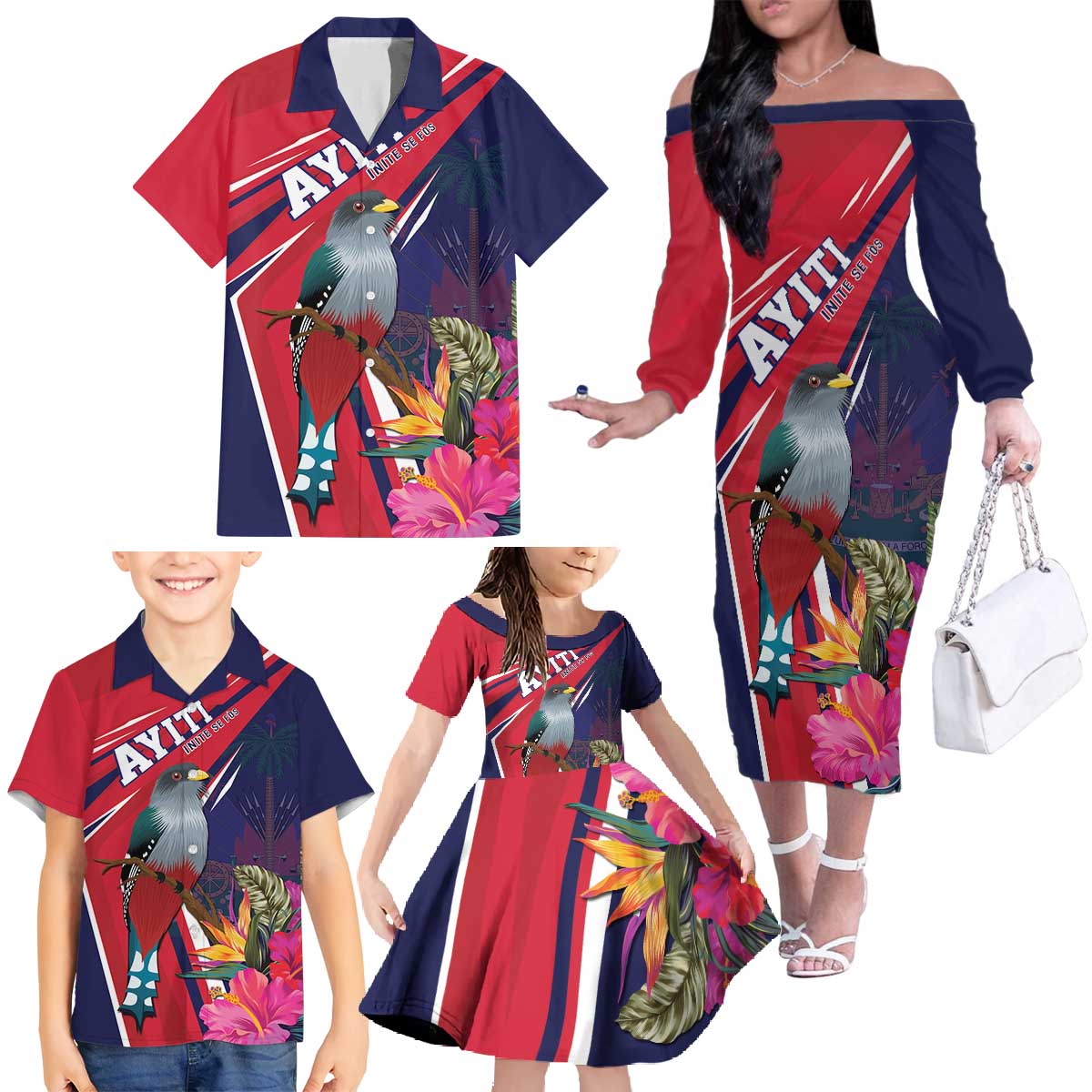 Haiti Personalized Family Matching Off The Shoulder Long Sleeve Dress and Hawaiian Shirt Hispaniolan Trogon Tropical Vibes