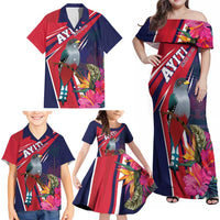 Haiti Personalized Family Matching Off Shoulder Maxi Dress and Hawaiian Shirt Hispaniolan Trogon Tropical Vibes