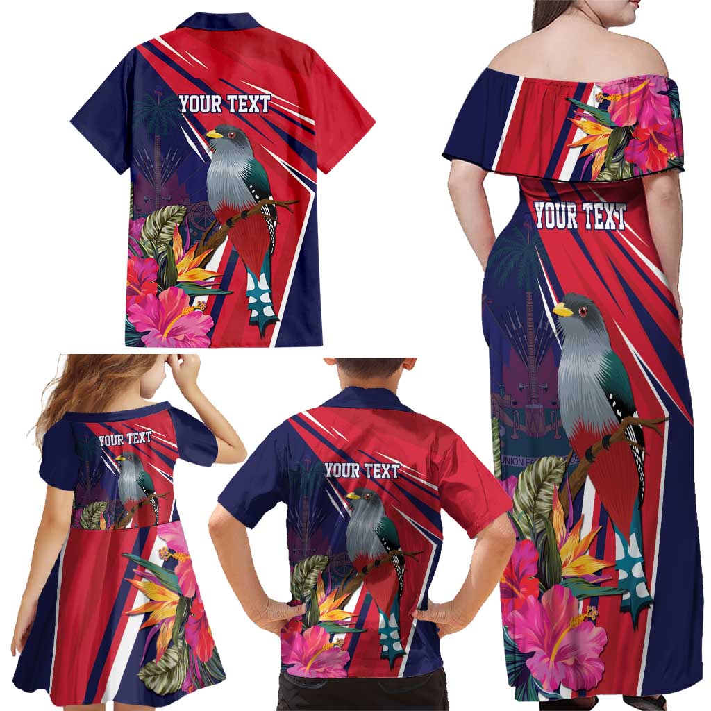 Haiti Personalized Family Matching Off Shoulder Maxi Dress and Hawaiian Shirt Hispaniolan Trogon Tropical Vibes