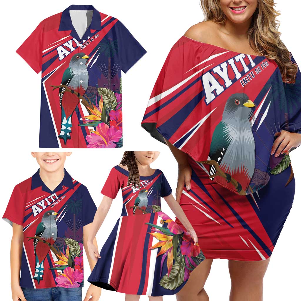 Haiti Personalized Family Matching Off Shoulder Short Dress and Hawaiian Shirt Hispaniolan Trogon Tropical Vibes