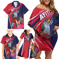 Haiti Personalized Family Matching Off Shoulder Short Dress and Hawaiian Shirt Hispaniolan Trogon Tropical Vibes