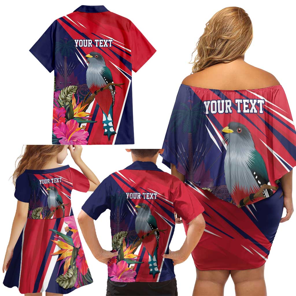 Haiti Personalized Family Matching Off Shoulder Short Dress and Hawaiian Shirt Hispaniolan Trogon Tropical Vibes