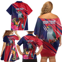 Haiti Personalized Family Matching Off Shoulder Short Dress and Hawaiian Shirt Hispaniolan Trogon Tropical Vibes