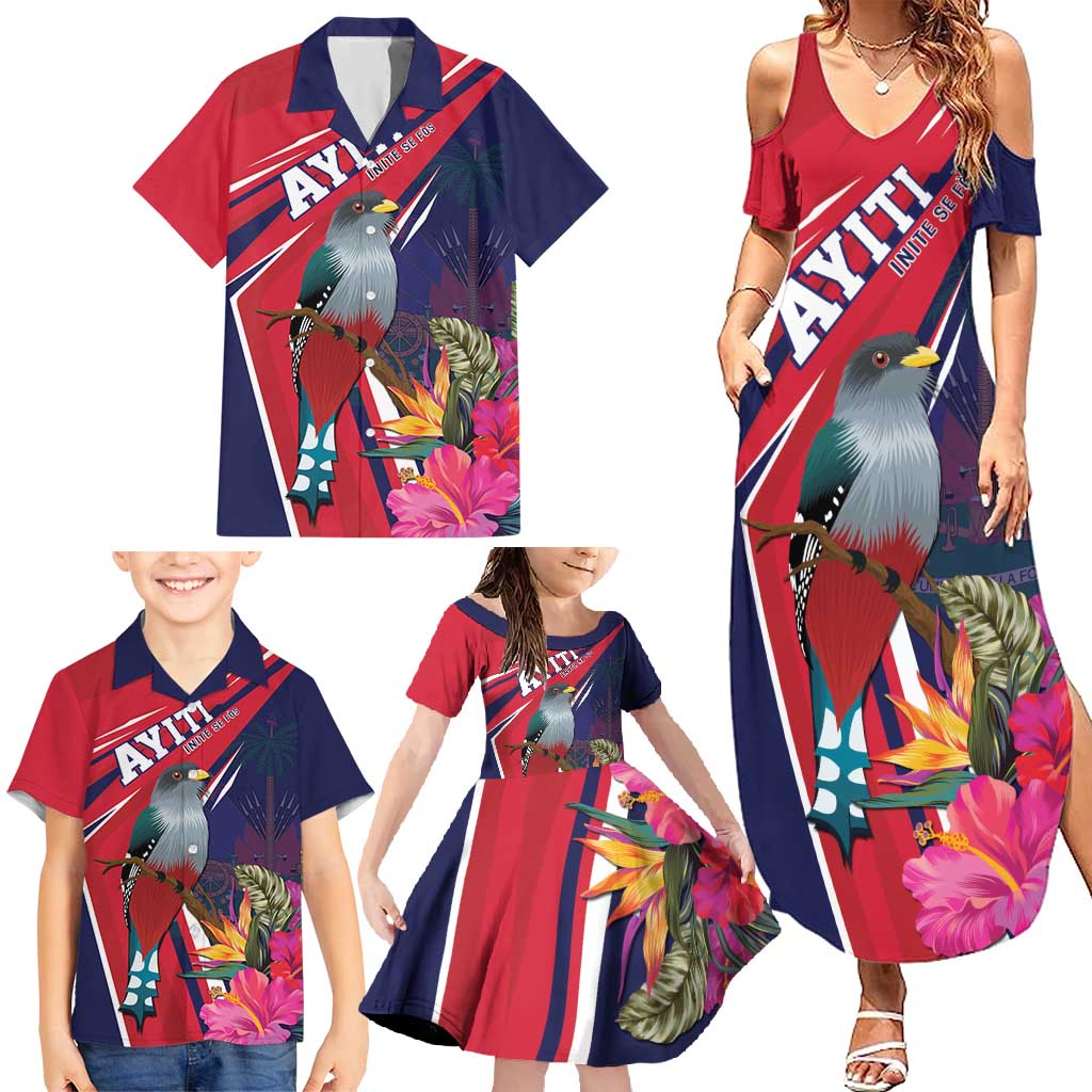 Haiti Personalized Family Matching Summer Maxi Dress and Hawaiian Shirt Hispaniolan Trogon Tropical Vibes