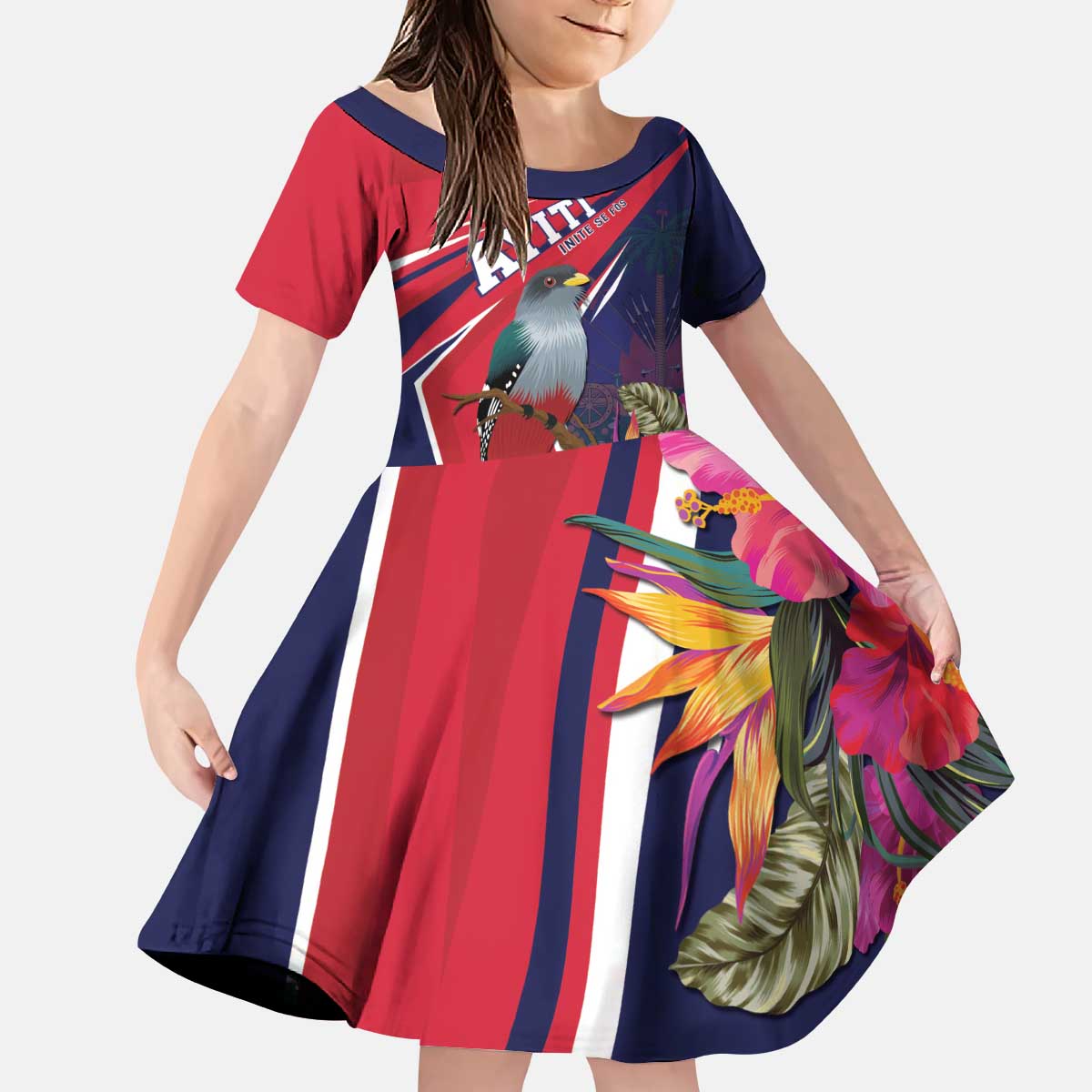 Haiti Personalized Kid Short Sleeve Dress Hispaniolan Trogon Tropical Vibes