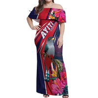 Haiti Personalized Off Shoulder Maxi Dress Hispaniolan Trogon Tropical Vibes