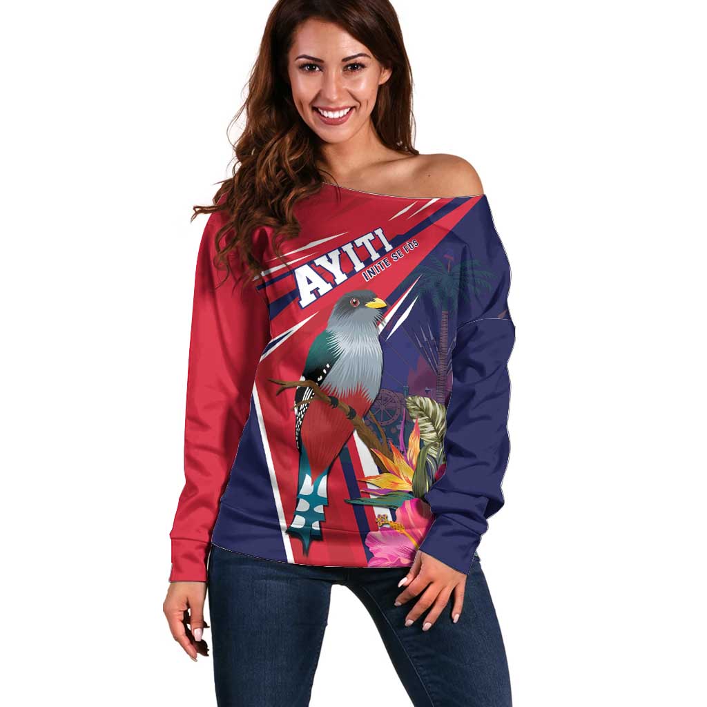 Haiti Personalized Off Shoulder Sweater Hispaniolan Trogon Tropical Vibes