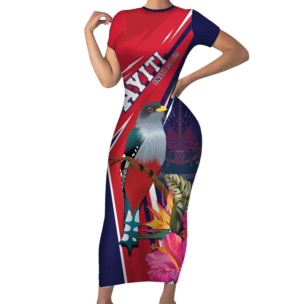 Haiti Personalized Short Sleeve Bodycon Dress Hispaniolan Trogon Tropical Vibes