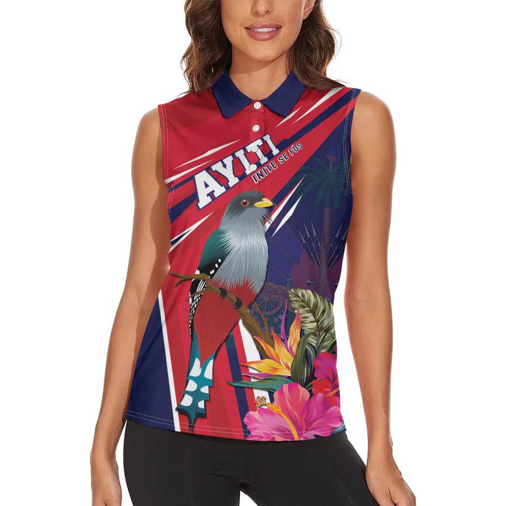 Haiti Personalized Women Sleeveless Polo Shirt Hispaniolan Trogon Tropical Vibes