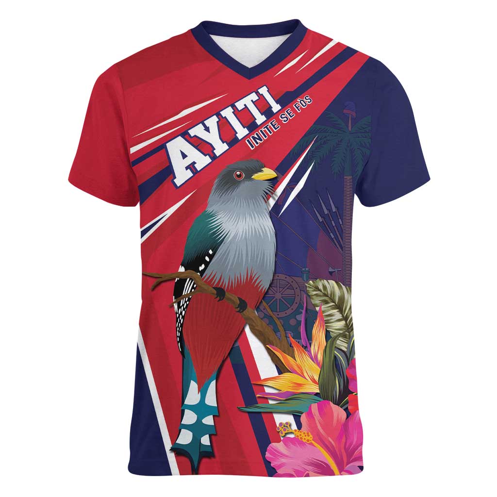 Haiti Personalized Women V-Neck T-Shirt Hispaniolan Trogon Tropical Vibes