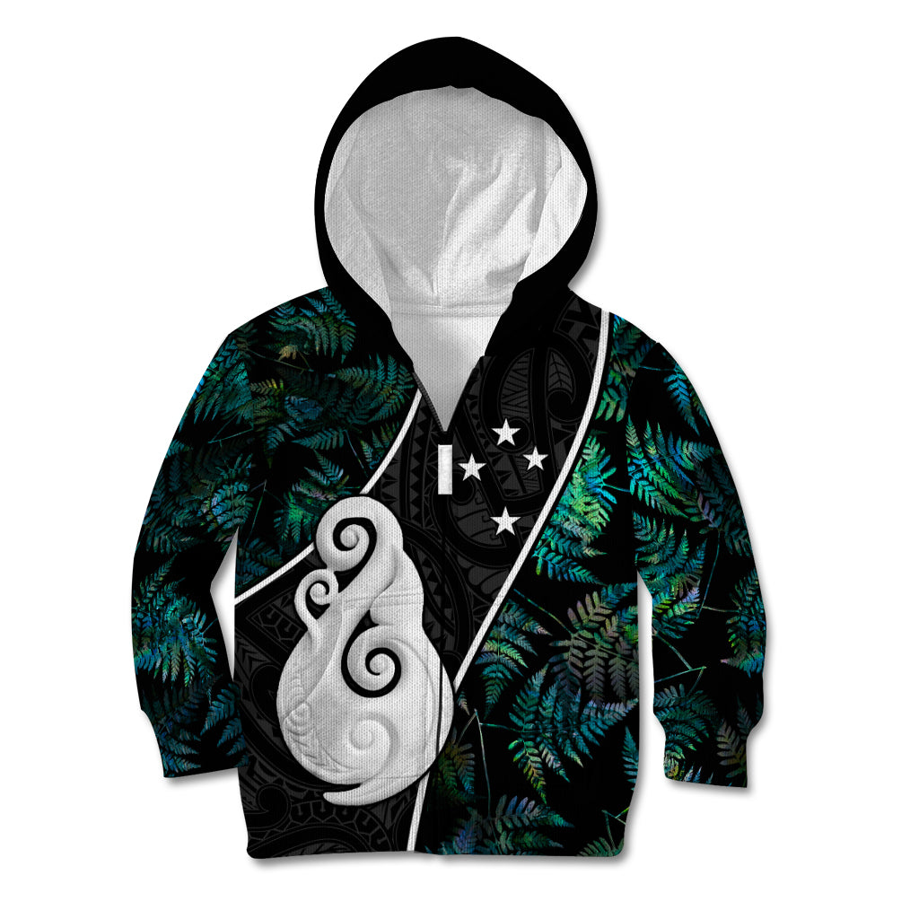 Personalised New Zealand Kid Hoodie Paua Shell Maori Manaia with Silver Ferns - Wonder Print Shop