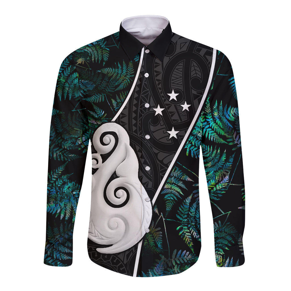 Peronsalised New Zealand Long Sleeve Button Shirt Paua Shell Maori Manaia with Silver Ferns - Wonder Print Shop