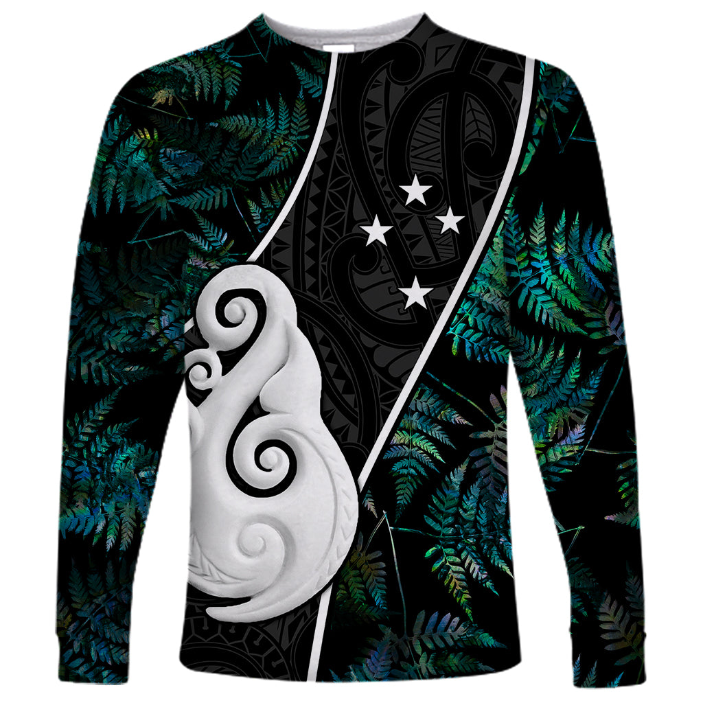 Peronsalised New Zealand Long Sleeve Shirt Paua Shell Maori Manaia with Silver Ferns - Wonder Print Shop