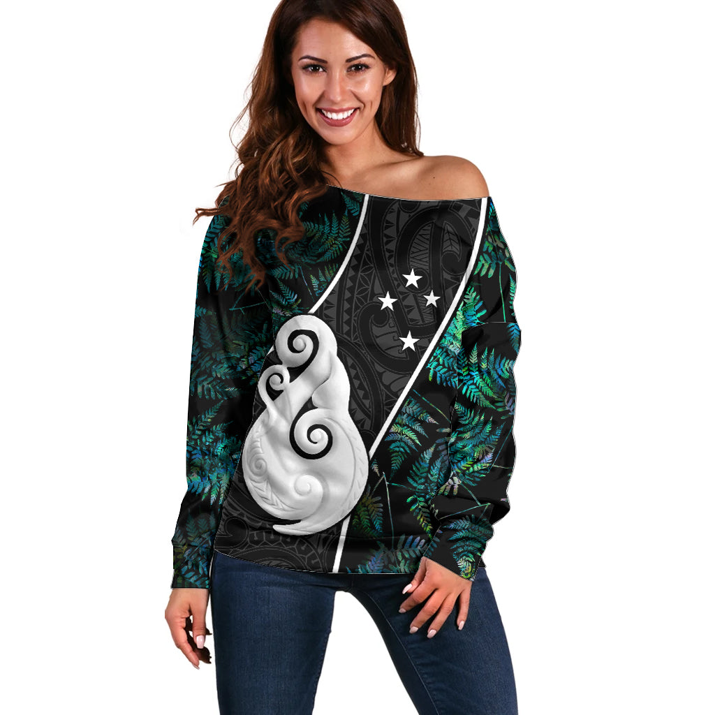 Peronsalised New Zealand Off Shoulder Sweater Paua Shell Maori Manaia with Silver Ferns - Wonder Print Shop