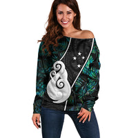 Peronsalised New Zealand Off Shoulder Sweater Paua Shell Maori Manaia with Silver Ferns - Wonder Print Shop