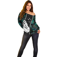Peronsalised New Zealand Off Shoulder Sweater Paua Shell Maori Manaia with Silver Ferns - Wonder Print Shop