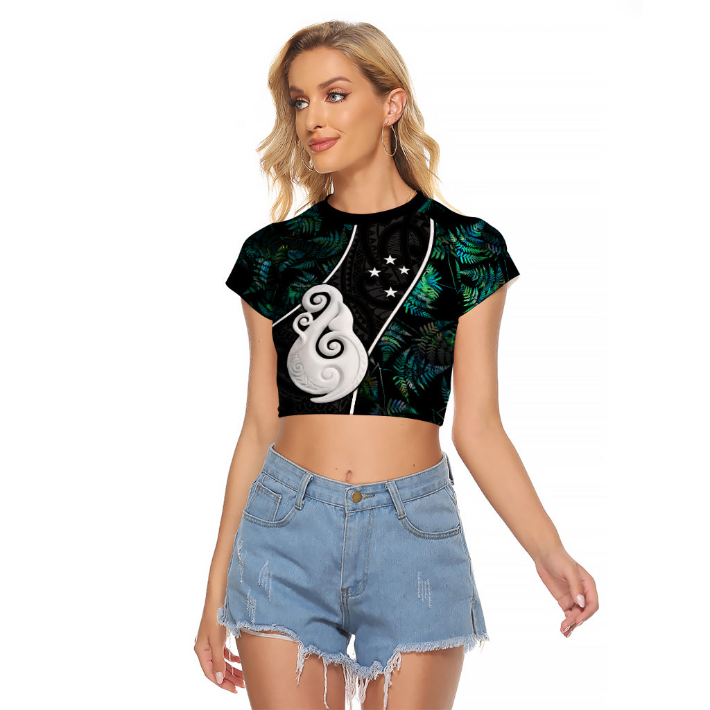 Peronsalised New Zealand Raglan Cropped T Shirt Paua Shell Maori Manaia with Silver Ferns - Wonder Print Shop