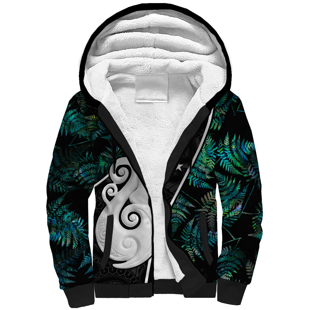Peronsalised New Zealand Sherpa Hoodie Paua Shell Maori Manaia with Silver Ferns - Wonder Print Shop