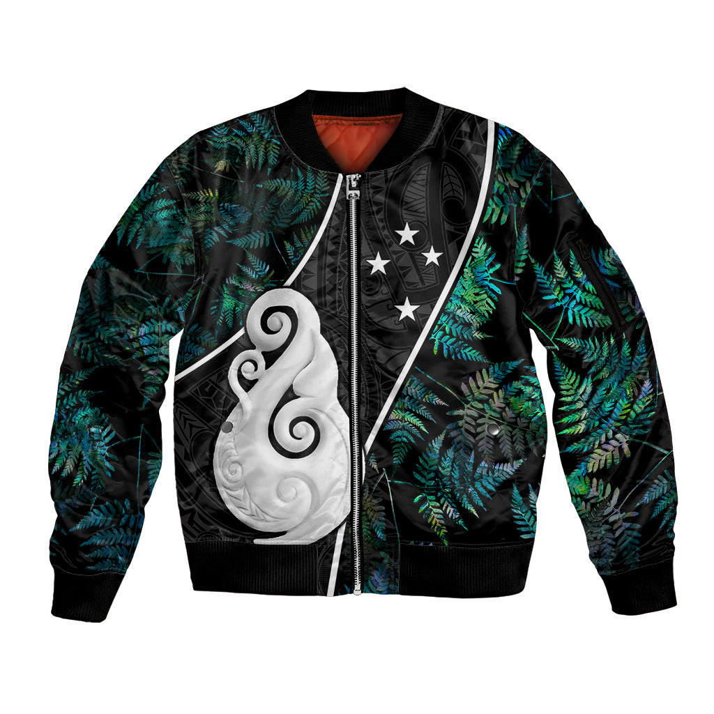 Peronsalised New Zealand Sleeve Zip Bomber Jacket Paua Shell Maori Manaia with Silver Ferns - Wonder Print Shop