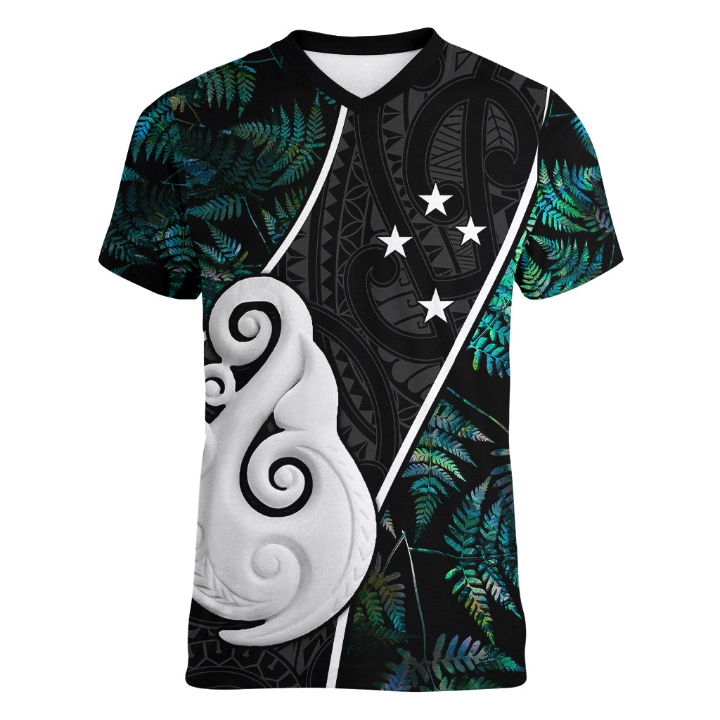 Personalised New Zealand Women V Neck T Shirt Paua Shell Maori Manaia with Silver Ferns - Wonder Print Shop