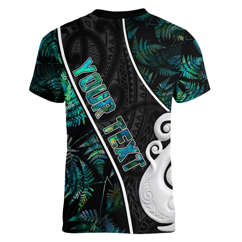 Personalised New Zealand Women V Neck T Shirt Paua Shell Maori Manaia with Silver Ferns - Wonder Print Shop