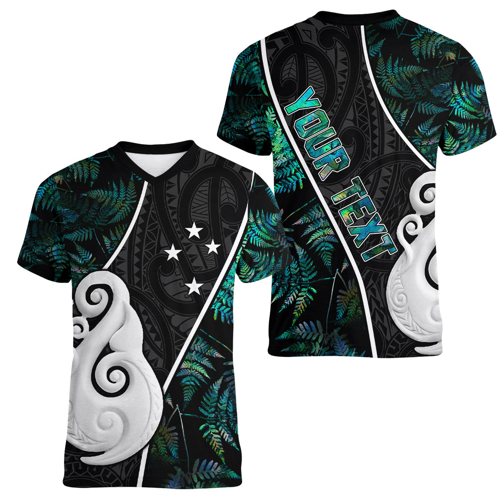 Personalised New Zealand Women V Neck T Shirt Paua Shell Maori Manaia with Silver Ferns - Wonder Print Shop