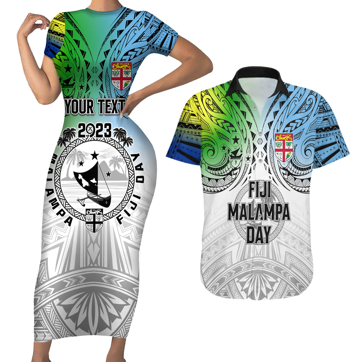 Personalised Malampa Fiji Day Couples Matching Short Sleeve Bodycon Dress and Hawaiian Shirt Gradient Style LT7 - Wonder Print Shop