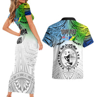 Personalised Malampa Fiji Day Couples Matching Short Sleeve Bodycon Dress and Hawaiian Shirt Gradient Style LT7 - Wonder Print Shop