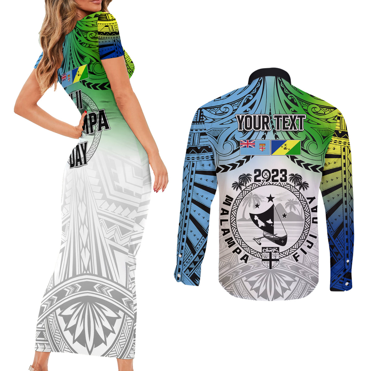 Personalised Malampa Fiji Day Couples Matching Short Sleeve Bodycon Dress and Long Sleeve Button Shirts Gradient Style LT7 - Wonder Print Shop