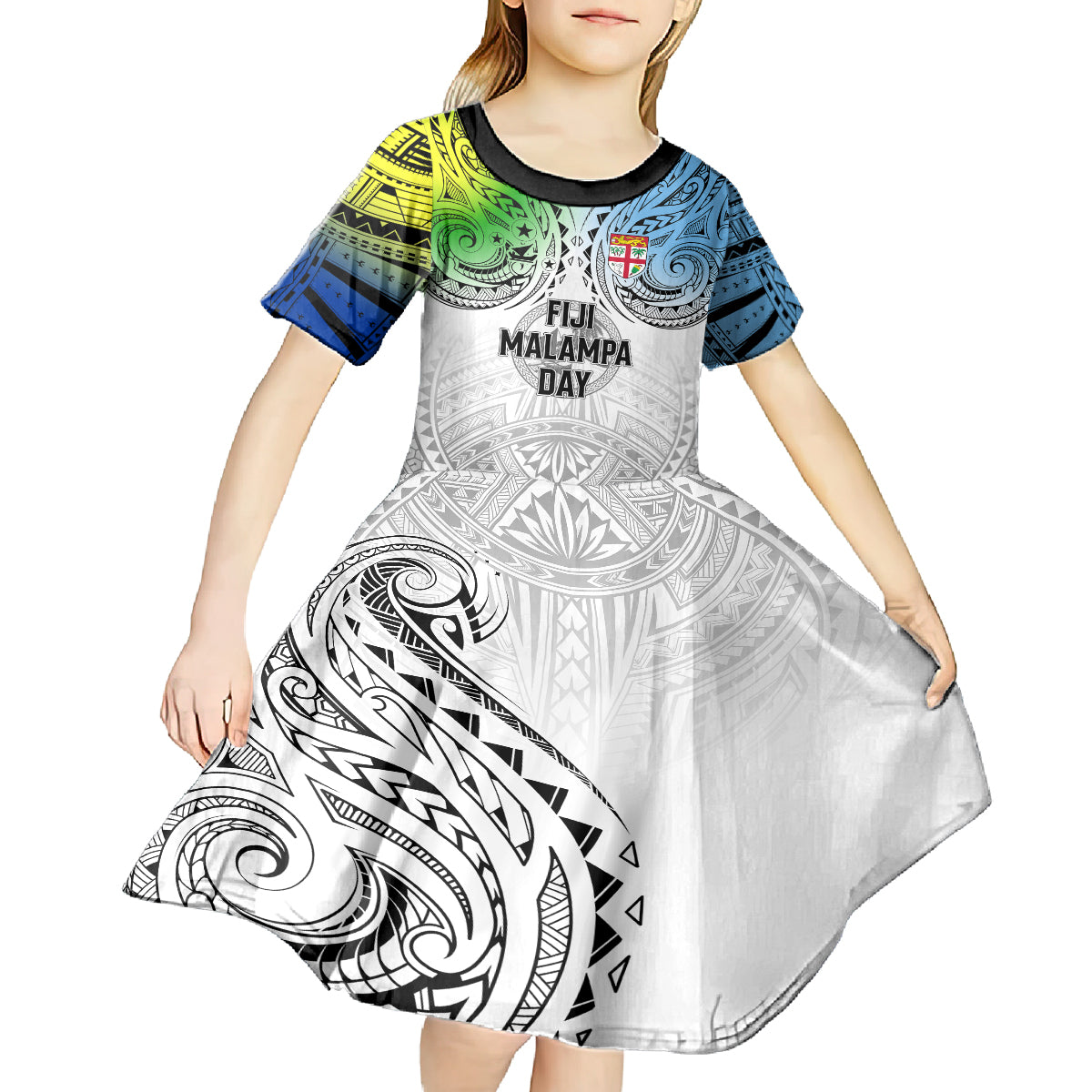 Personalised Malampa Fiji Day Kid Short Sleeve Dress Gradient Style - Wonder Print Shop