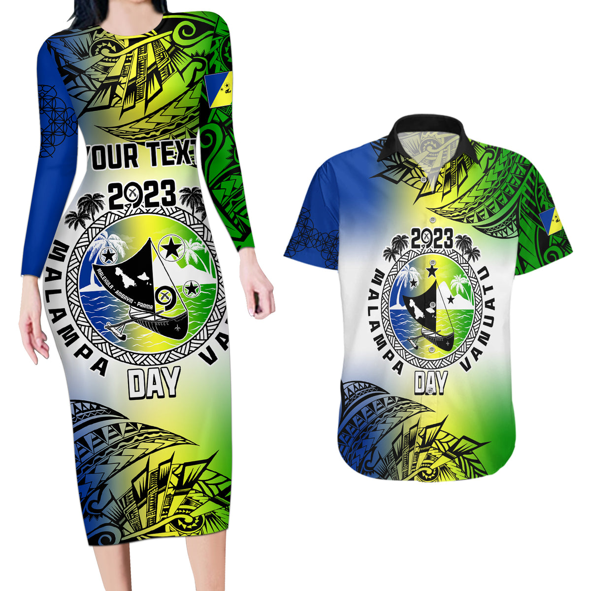 Personalised Malampa Day Couples Matching Long Sleeve Bodycon Dress and Hawaiian Shirt Malampa Emblem Gradient Style LT7 - Wonder Print Shop