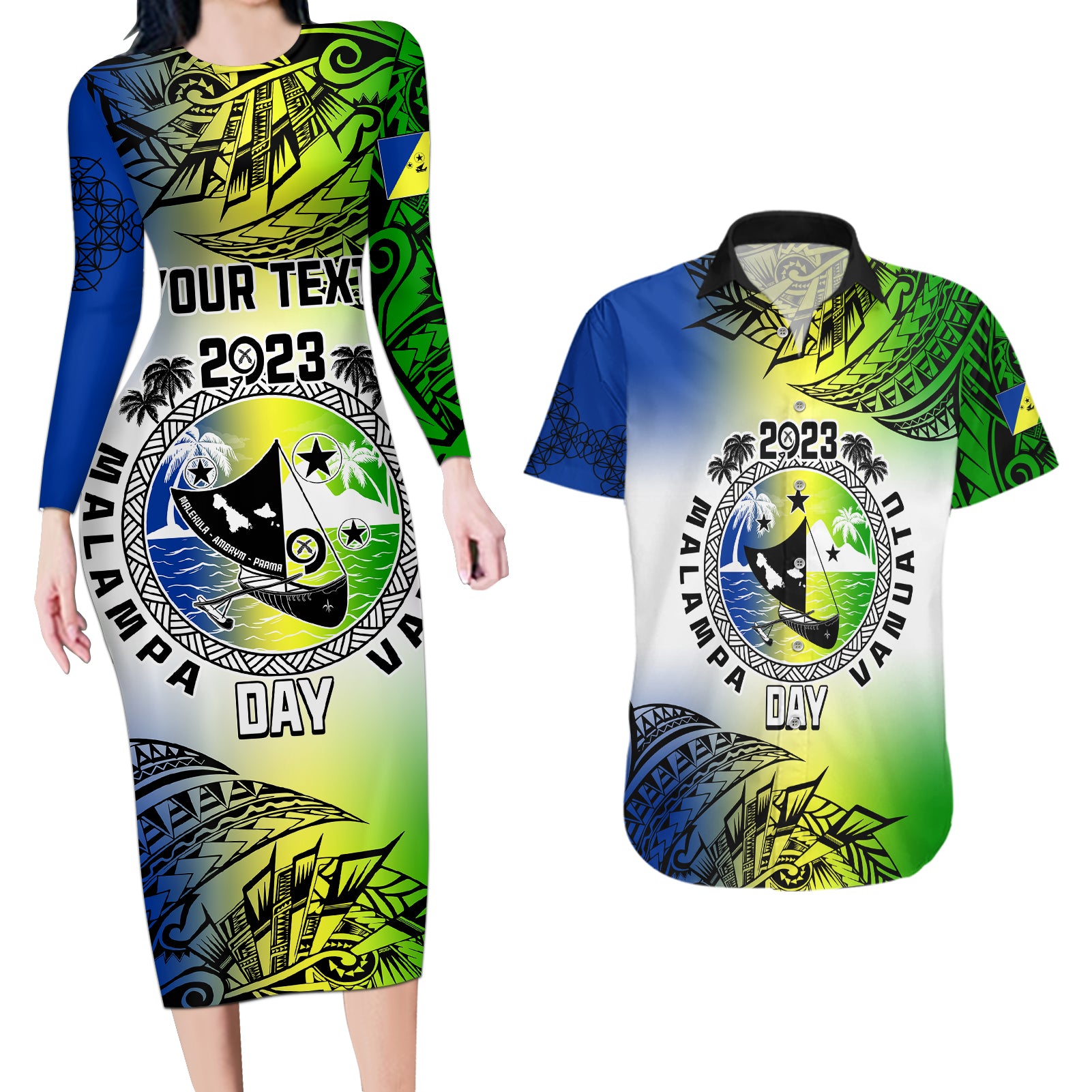 Personalised Malampa Day Couples Matching Long Sleeve Bodycon Dress and Hawaiian Shirt Malampa Emblem Gradient Style LT7 - Wonder Print Shop