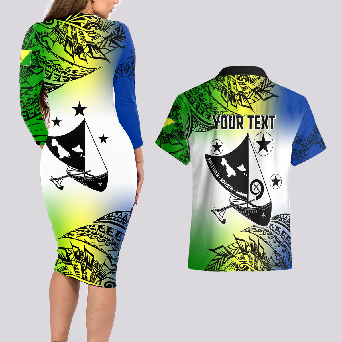 Personalised Malampa Day Couples Matching Long Sleeve Bodycon Dress and Hawaiian Shirt Malampa Emblem Gradient Style LT7 - Wonder Print Shop