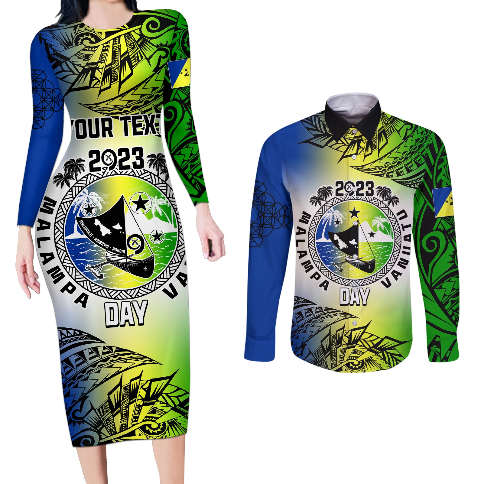 Personalised Malampa Day Couples Matching Long Sleeve Bodycon Dress and Long Sleeve Button Shirts Malampa Emblem Gradient Style LT7 - Wonder Print Shop