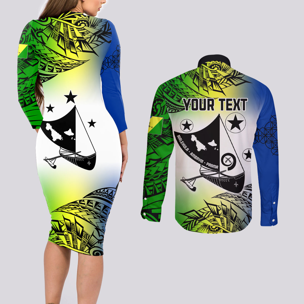 Personalised Malampa Day Couples Matching Long Sleeve Bodycon Dress and Long Sleeve Button Shirts Malampa Emblem Gradient Style LT7 - Wonder Print Shop