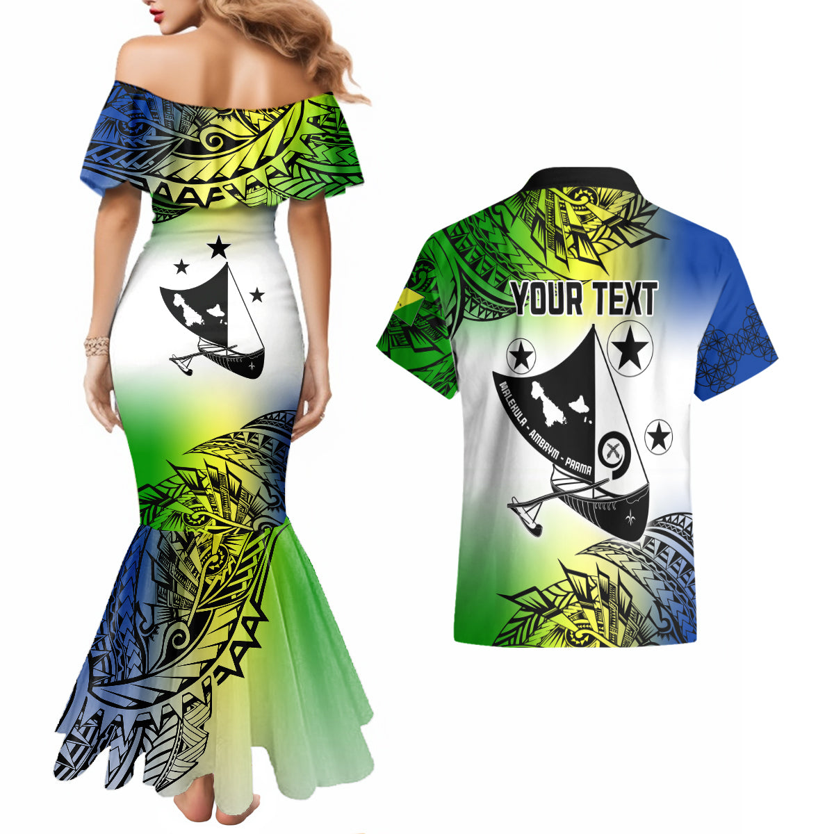 Personalised Malampa Day Couples Matching Mermaid Dress and Hawaiian Shirt Malampa Emblem Gradient Style LT7 - Wonder Print Shop