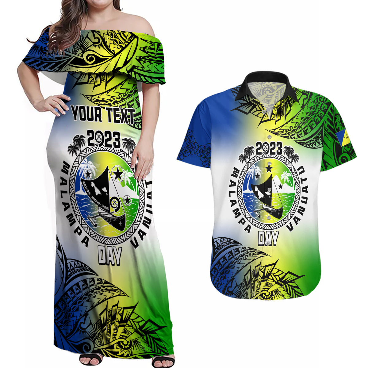 Personalised Malampa Day Couples Matching Off Shoulder Maxi Dress and Hawaiian Shirt Malampa Emblem Gradient Style LT7 - Wonder Print Shop