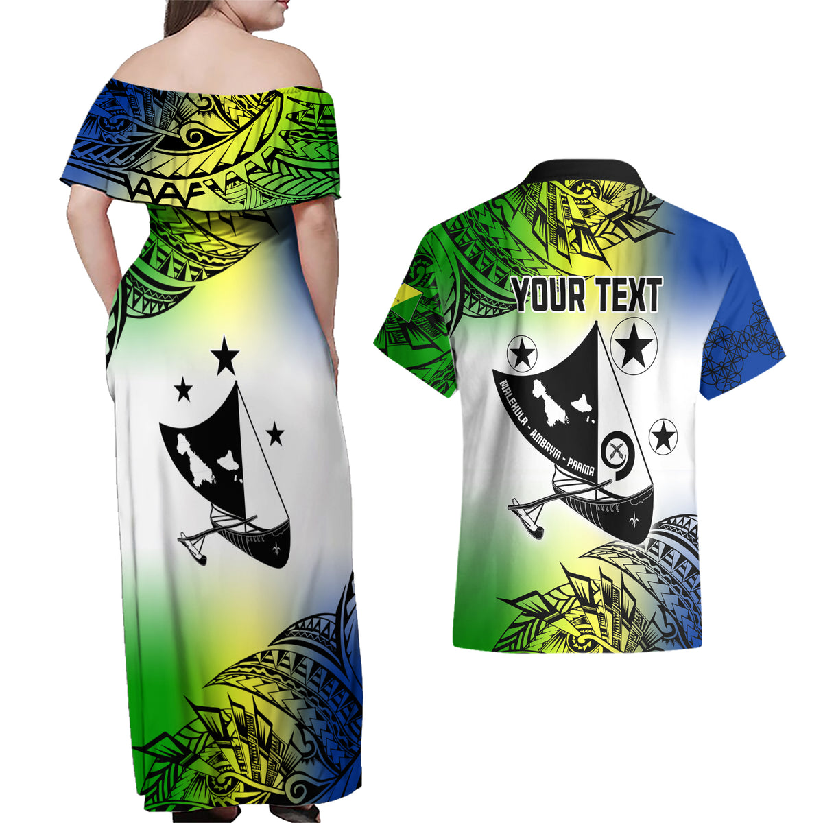 Personalised Malampa Day Couples Matching Off Shoulder Maxi Dress and Hawaiian Shirt Malampa Emblem Gradient Style LT7 - Wonder Print Shop
