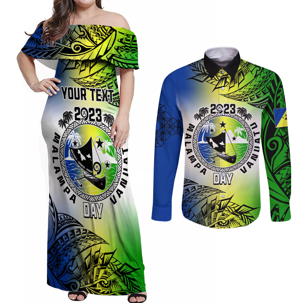 Personalised Malampa Day Couples Matching Off Shoulder Maxi Dress and Long Sleeve Button Shirts Malampa Emblem Gradient Style LT7 - Wonder Print Shop