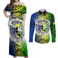 Personalised Malampa Day Couples Matching Off Shoulder Maxi Dress and Long Sleeve Button Shirts Malampa Emblem Gradient Style LT7 - Wonder Print Shop