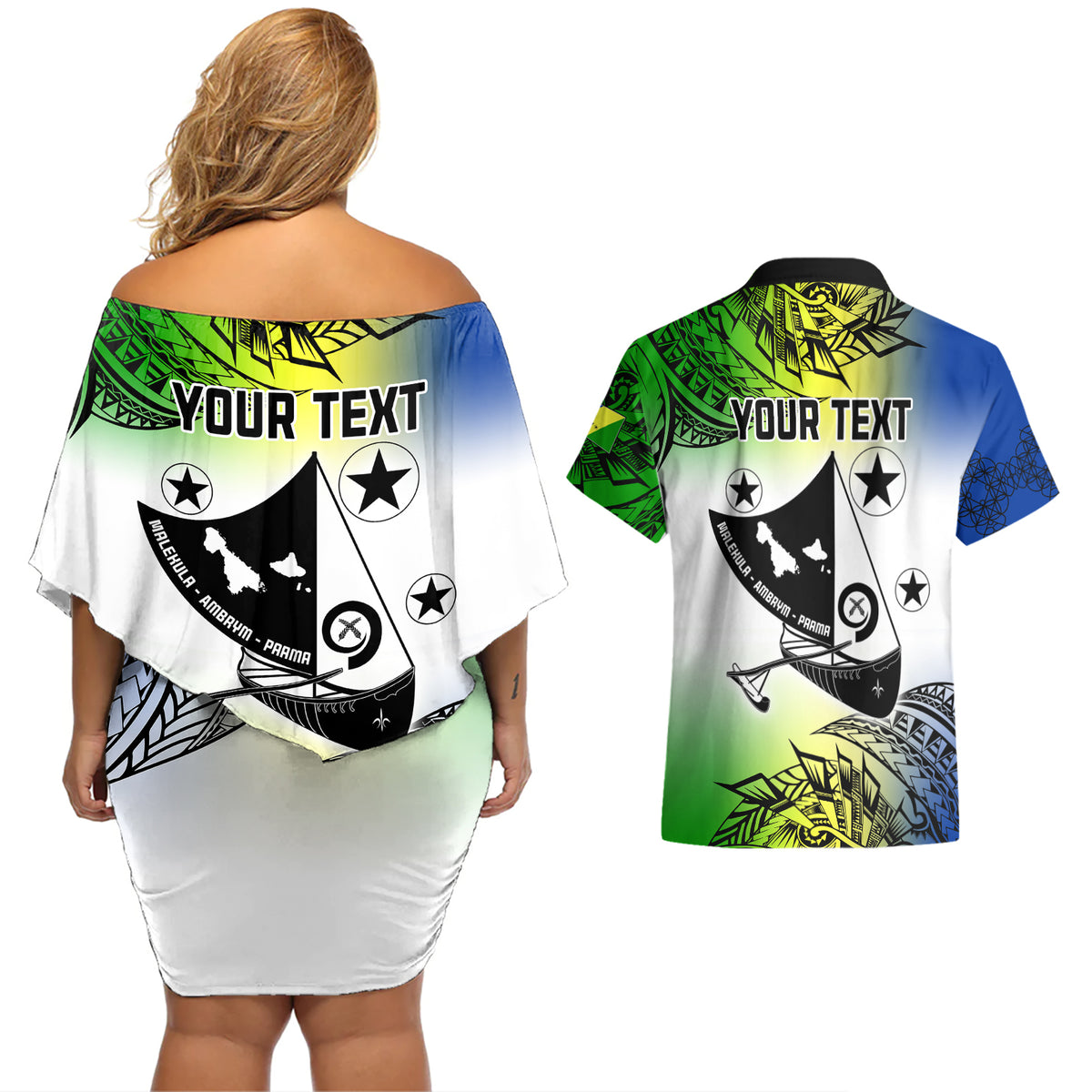Personalised Malampa Day Couples Matching Off Shoulder Short Dress and Hawaiian Shirt Malampa Emblem Gradient Style LT7 - Wonder Print Shop