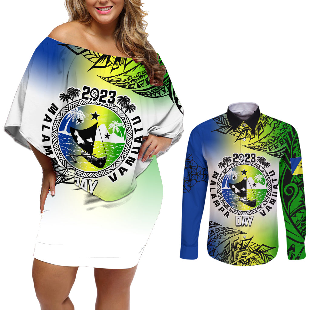 Personalised Malampa Day Couples Matching Off Shoulder Short Dress and Long Sleeve Button Shirts Malampa Emblem Gradient Style LT7 - Wonder Print Shop