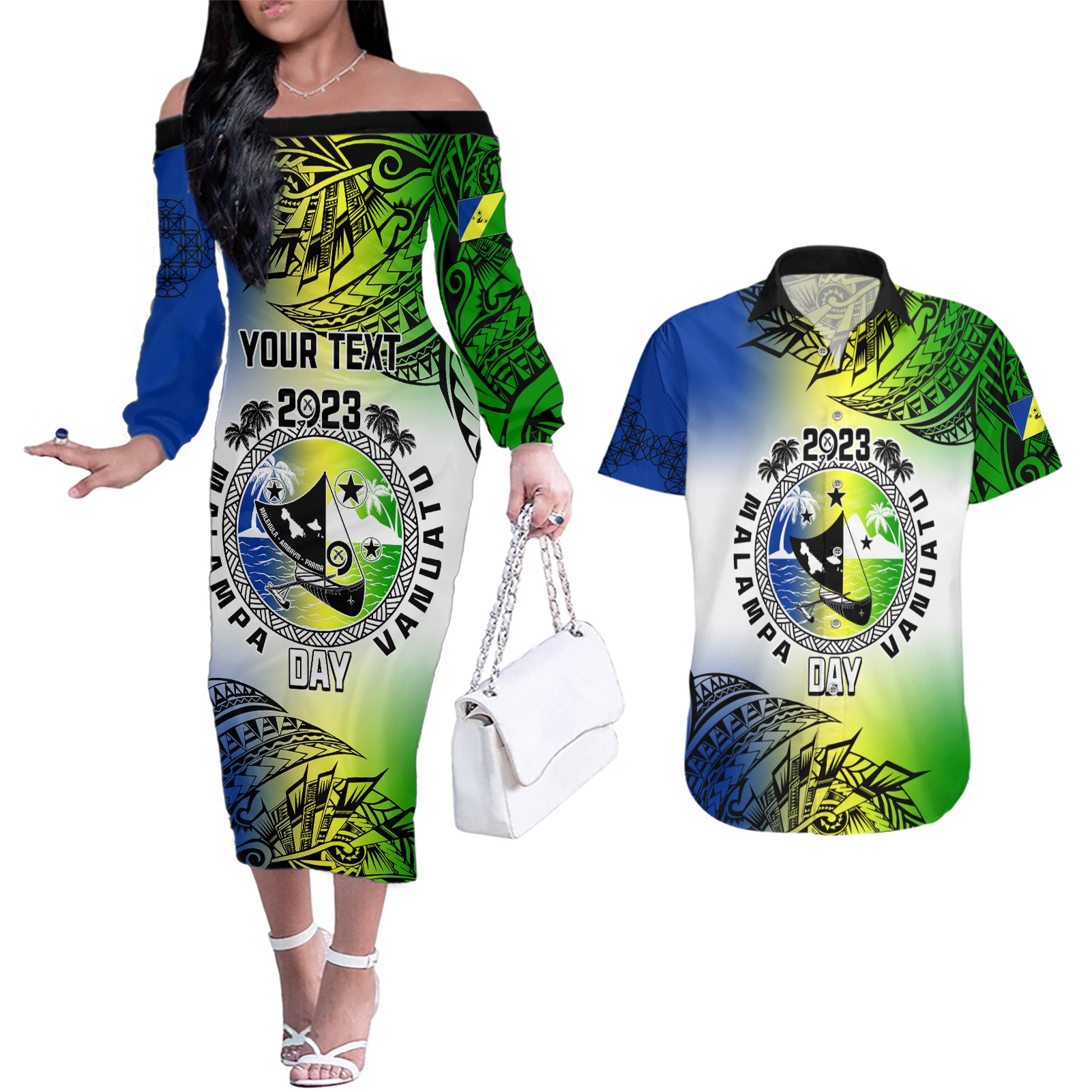 Personalised Malampa Day Couples Matching Off The Shoulder Long Sleeve Dress and Hawaiian Shirt Malampa Emblem Gradient Style LT7 - Wonder Print Shop